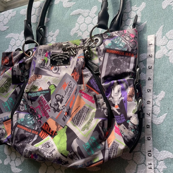 HARLEY DAVIDSON Multicolor Black Leather Top Handle Satchel Motorcycle Graphics - Picture 11 of 12